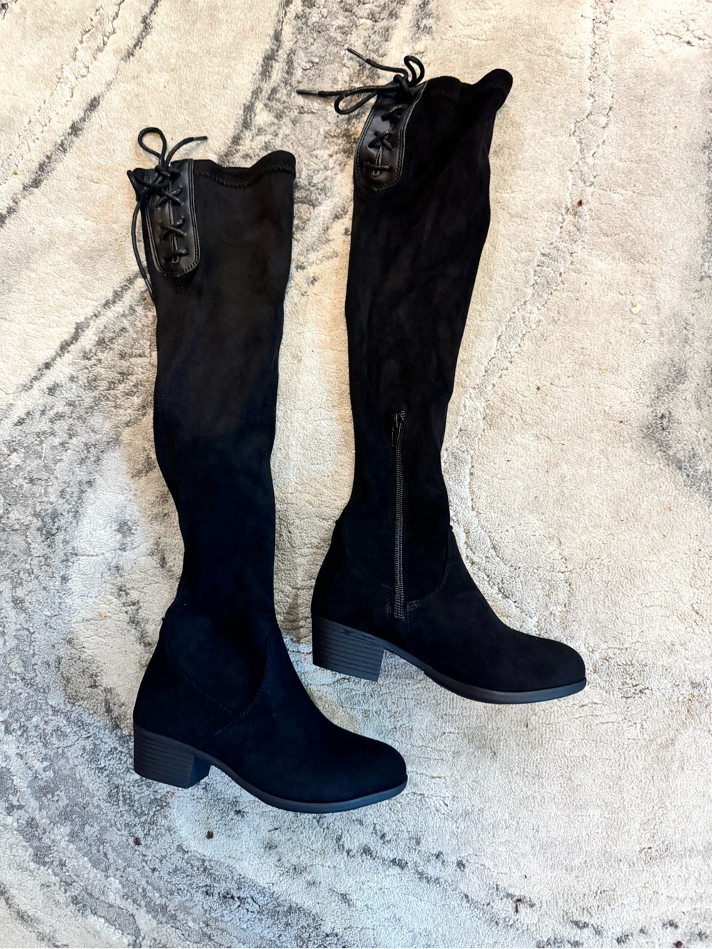 Kids Black Over-the-Knee Suede-Look Boots with Lace Top